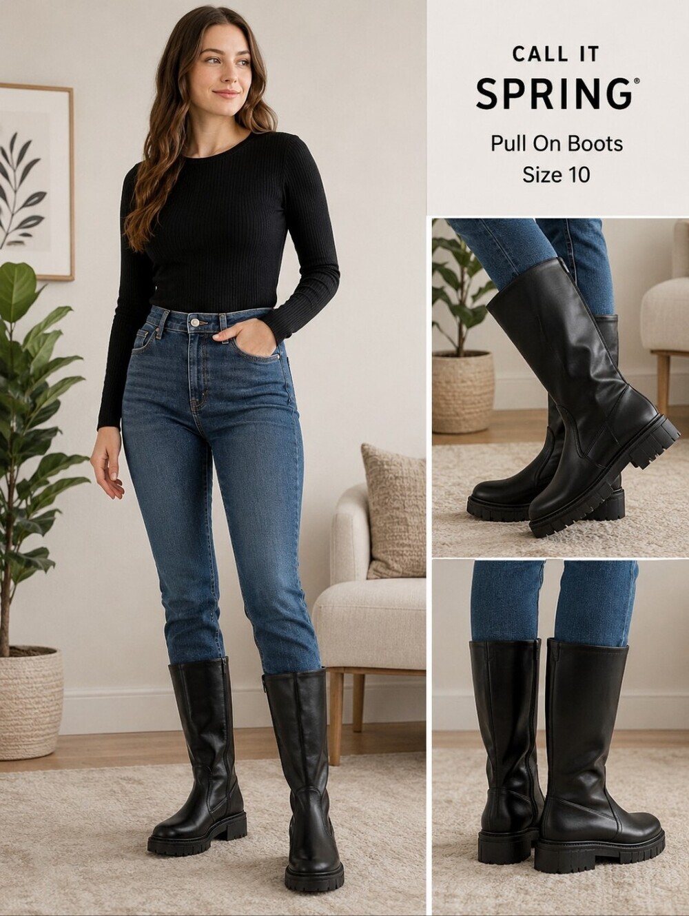 Call It Spring Black Pull-On High Boots | Chunky Lug Sole | Women's Size 10